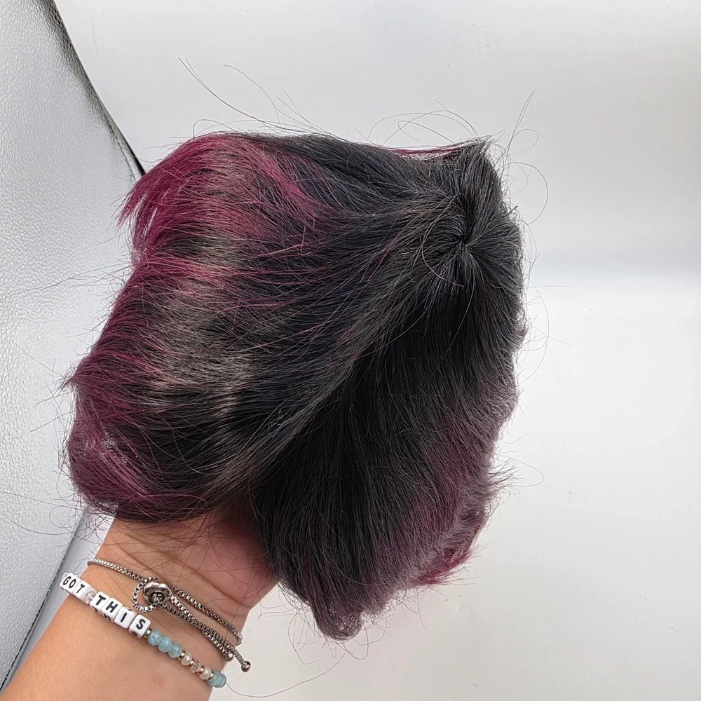 100% Human Hair Ombre Magenta Purple Bob Wig Dark Roots Layered Short Style